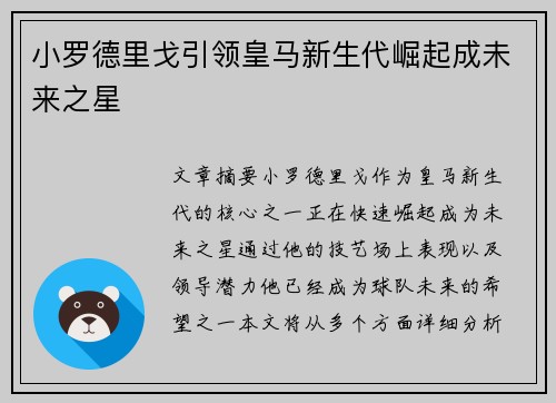 小罗德里戈引领皇马新生代崛起成未来之星
